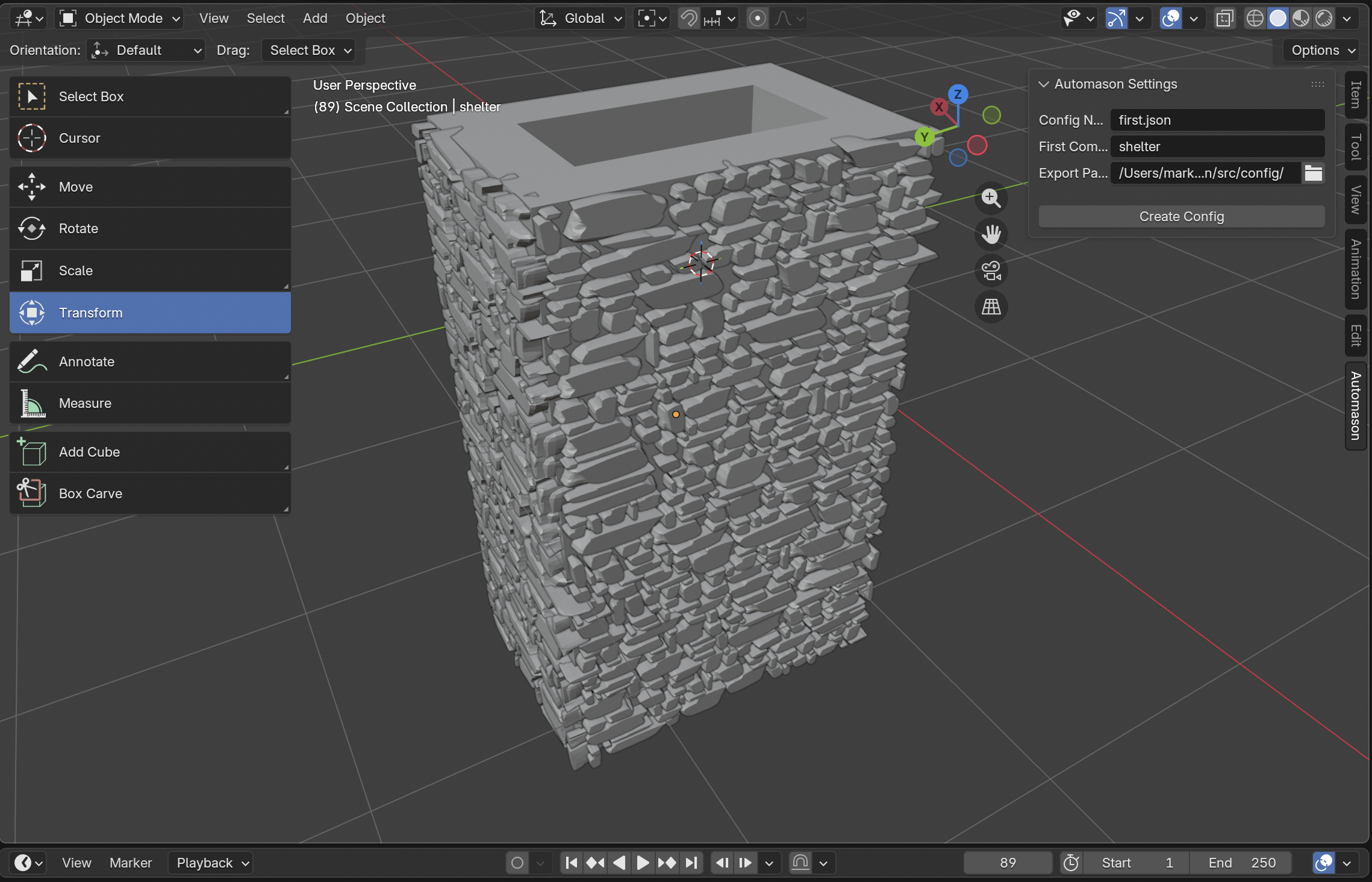 Simple stone-clad building generated by Automason Studio in Blender