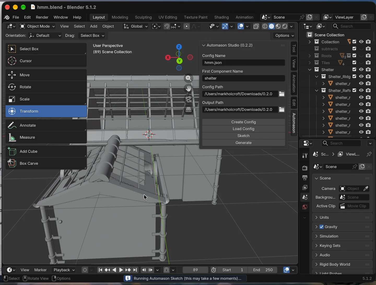 Generated building sketch in Blender with the Automason Studio 0.2.2 controls open