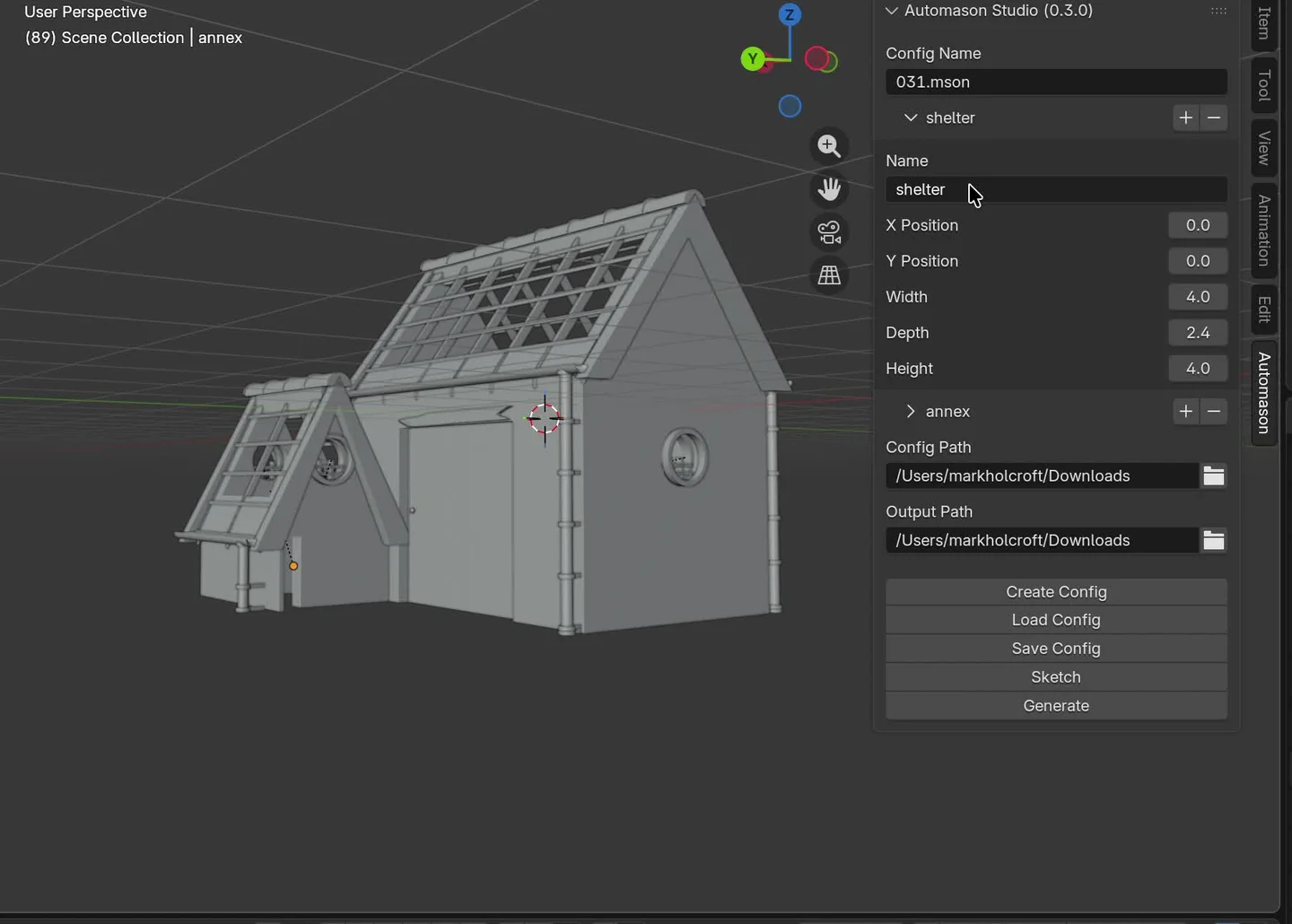 A tall shelter and smaller annexe in Blender beside separate Automason Studio component controls