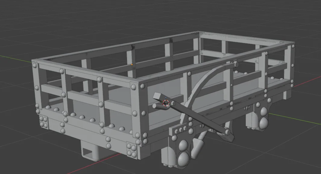 Grey 3D render of a wooden-sided railway wagon with brake gear