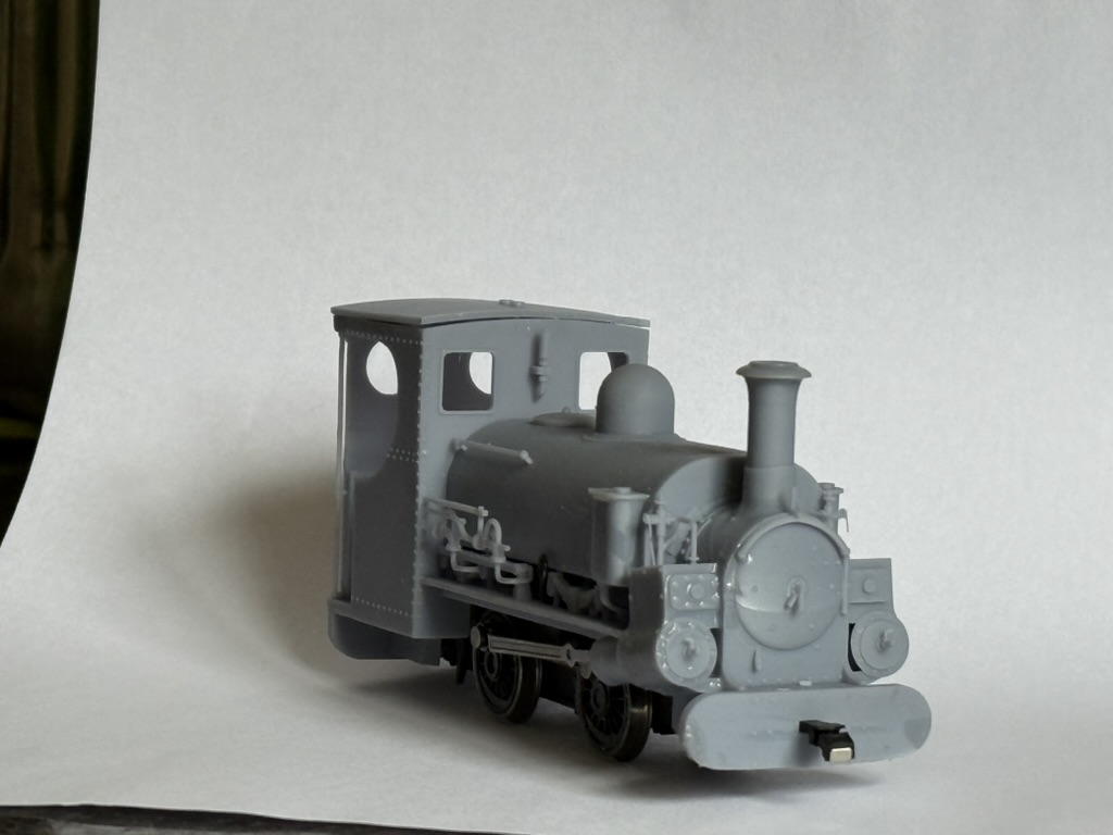 Front three-quarter view of the unpainted printed Charles showing the smokebox door, buffer beam and cab spectacle plates.