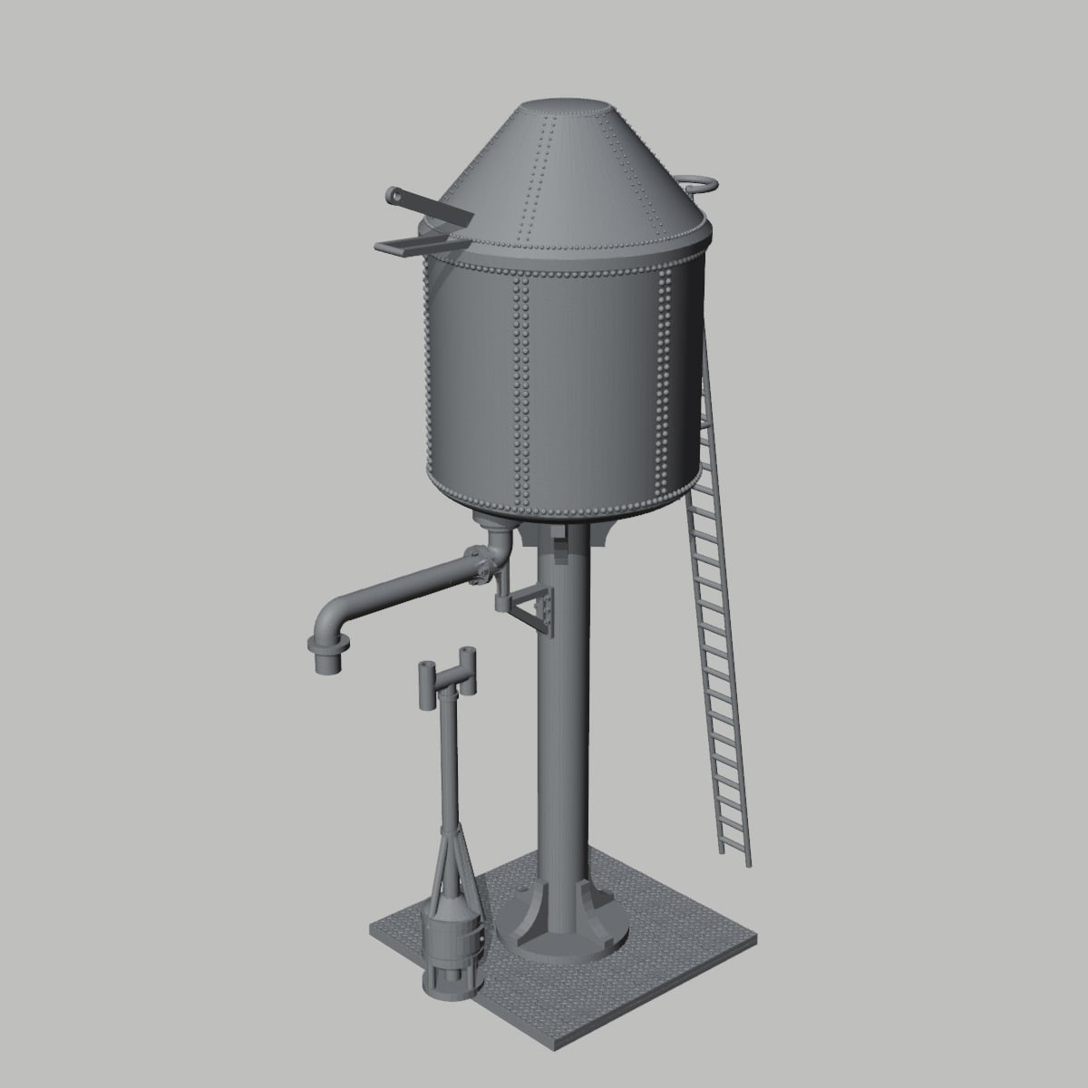 Render of the water tower fitted with the conical GWR lid, showing the riveted tank, filler arm, ladder and heater on the chequer-plate base.