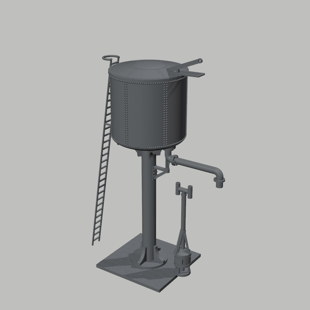 Render of the water tower from the ladder side, fitted with the shallower generic lid and its valve linkage.