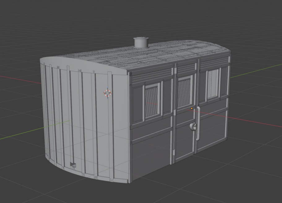 Blender render of the four-wheel coach showing the curved roof, planked end, panelled side with droplight windows and door handle.