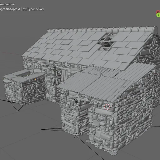 Blender render of the sheepfold model showing a dry stone barn with a slate roof, a lean-to with a corrugated roof and a low stone pen.