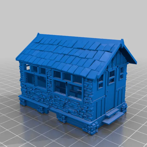 Render of the signal box model with a stone base, large multi-pane windows, a slate roof and a timber-clad end with a door.