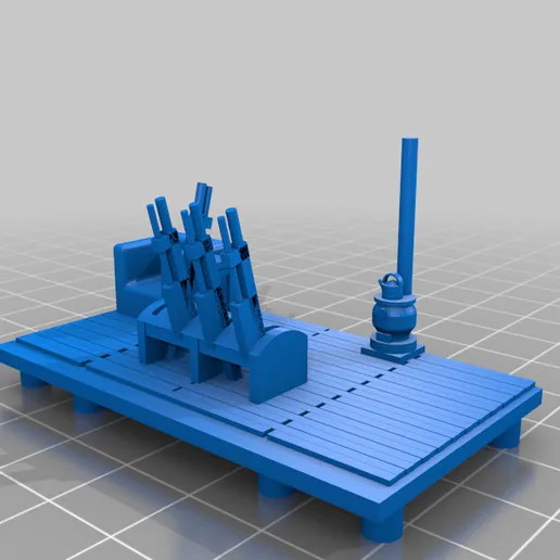 Render of the signal box interior floor with a lever frame, a stove and its chimney pipe.