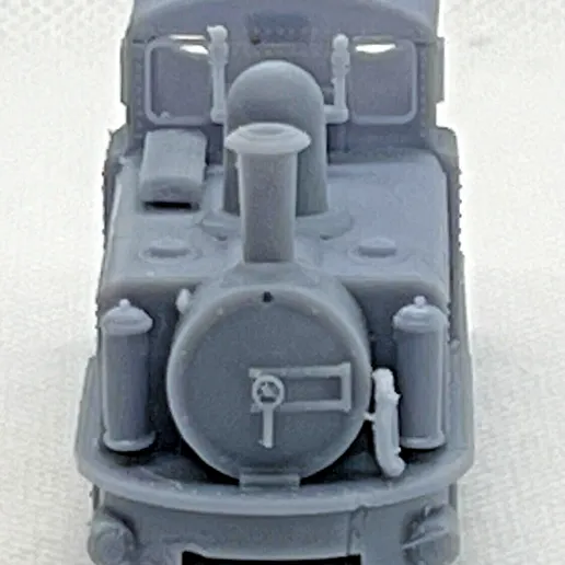 Front view of the printed Single Fairlie showing the smokebox door, chimney, dome and front sand boxes.