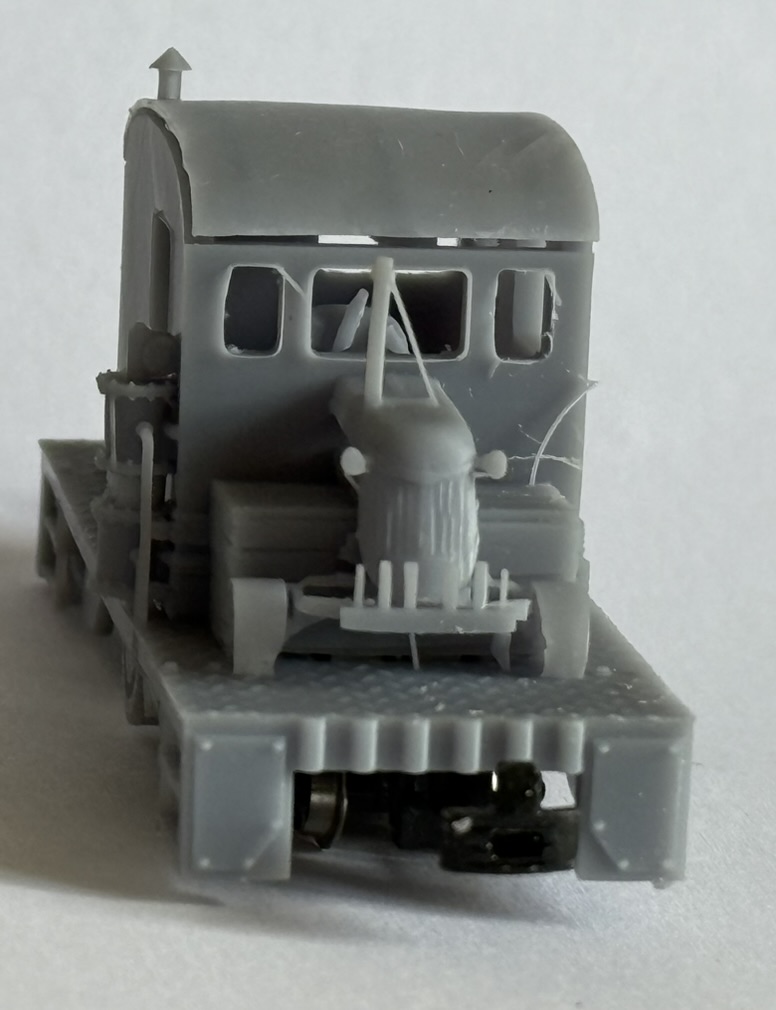 Front view of the printed tractor loco showing the bonnet, cab windows, front platform and coupling.